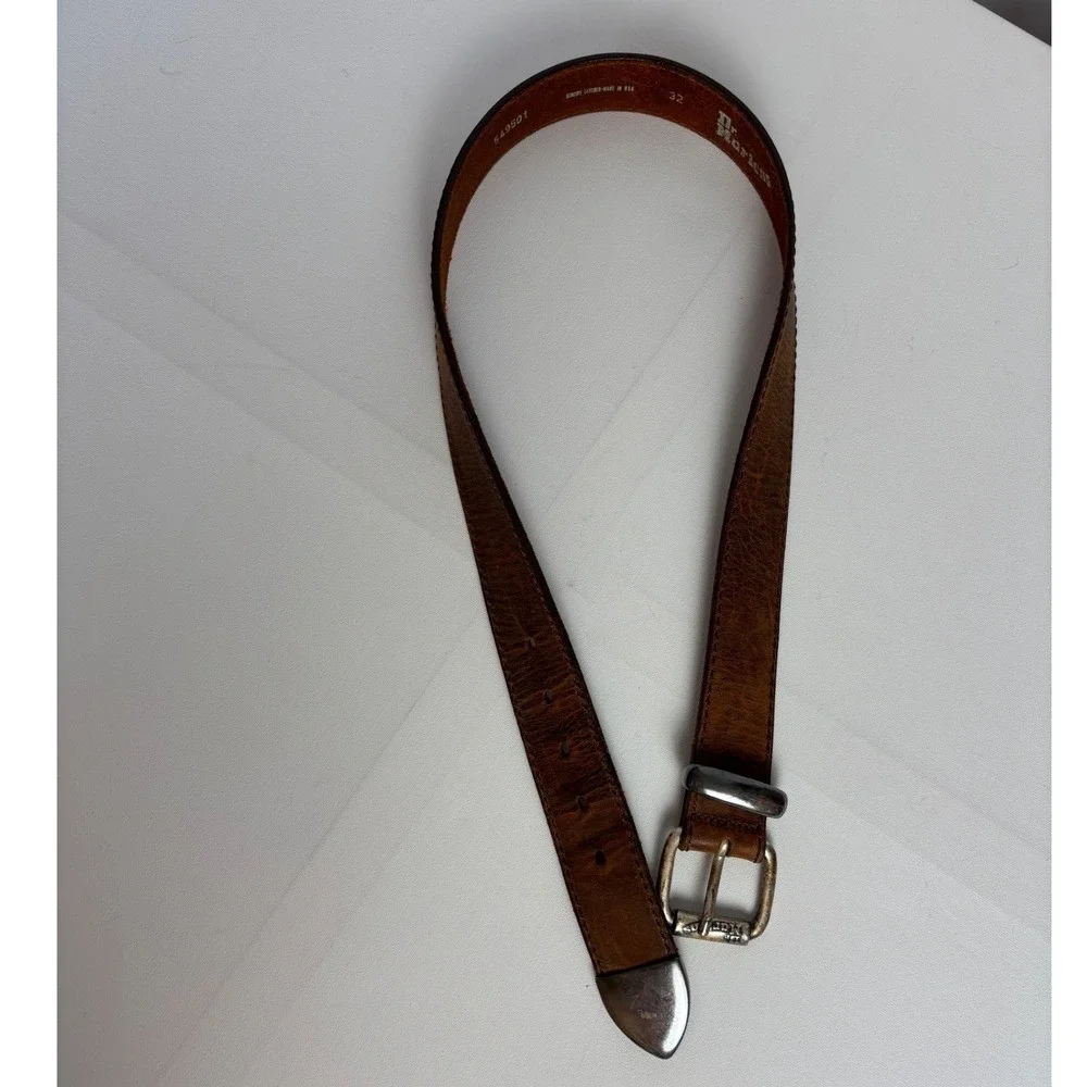 Dr. Martens Vintage Brown Leather Belt Made in USA Size 32 Silver Buckle 90's